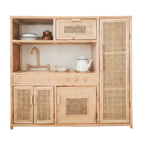 rattan kitchen toy with shelves, kids toys, kids furniture, wholesale, bulk