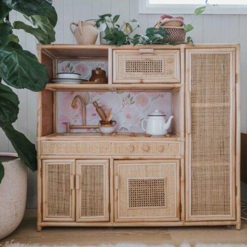 rattan kitchen toy with shelves, kids toys, kids furniture, wholesale, bulk