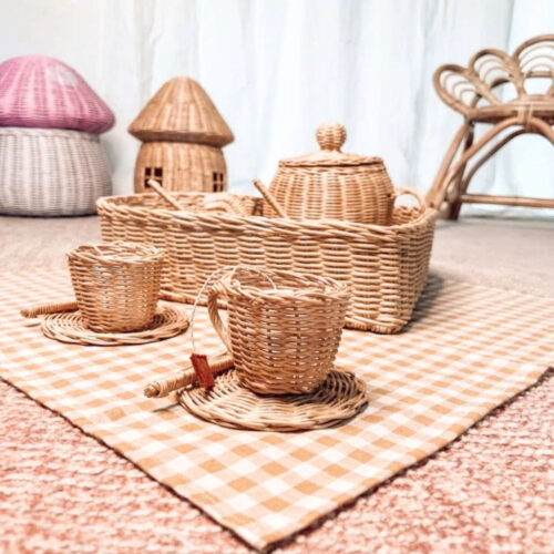rattan tea set with heart shape box, kids toys