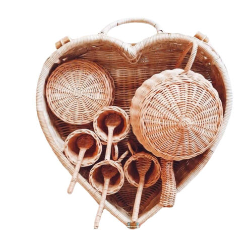 rattan tea set with heart shape box, kids toys