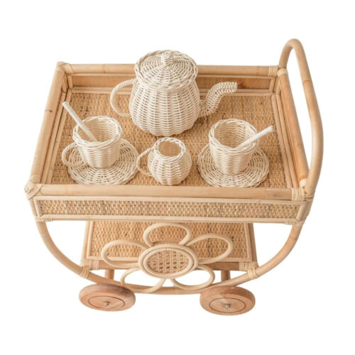 rattan toy tea cart with tea pot set, kids toys