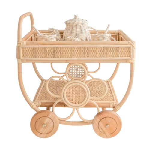 rattan toy tea cart with tea pot set, kids toys