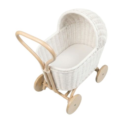 White Rattan Doll Stroller, wicker, doll buggy, doll stroller, rattan kids toys, rattan kids furniture, wholesale, bulk, childrens