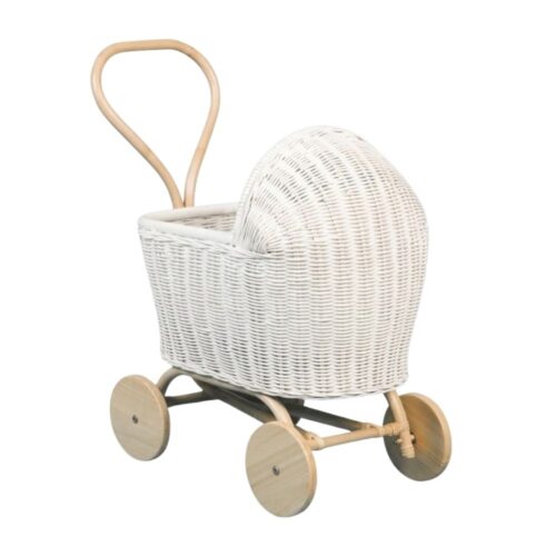 White Rattan Doll Stroller, wicker, doll buggy, doll stroller, rattan kids toys, rattan kids furniture, wholesale, bulk, childrens
