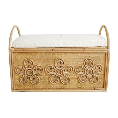 Flower Rattan Storage Bench for Kids, kids furniture, rattan kids cabinet, rattan kids trunk storage, rattan kids storage bench, rattan kids toy chest, wholesale, bulk, Vietnam, manufacture