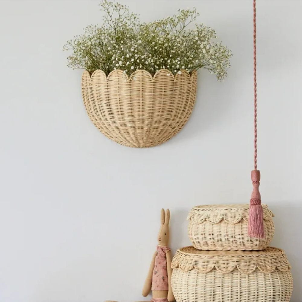 Scalloped Wicker Wall Basket, rattan kids basket, rattan kids toys, rattan kids furniture, wholesale, bulk