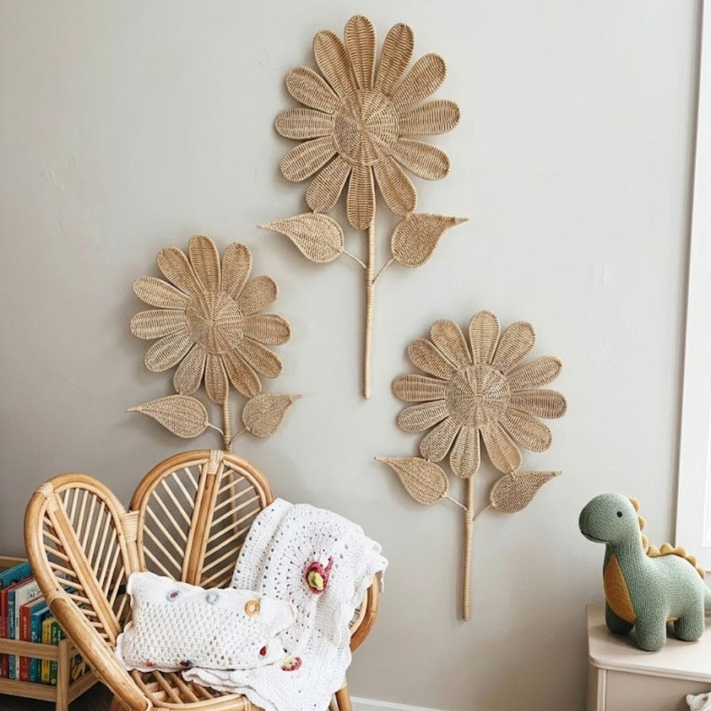 Rattan Sun Flower Wall Hanging Decor, rattan kids furniture, wholesale, bulk