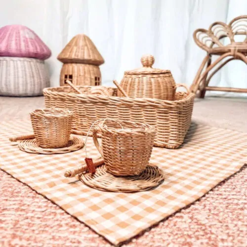 rattan tea set with heart shape box, kids toys